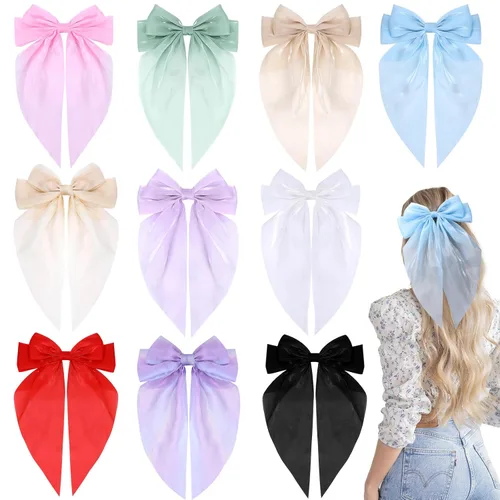 Miniatura 9 de 10 piezas de pasadores grandes de cinta para el pelo con colas largas para mujeres y niñas, TOKUFAGU accesorios vintage franceses para el cabello
