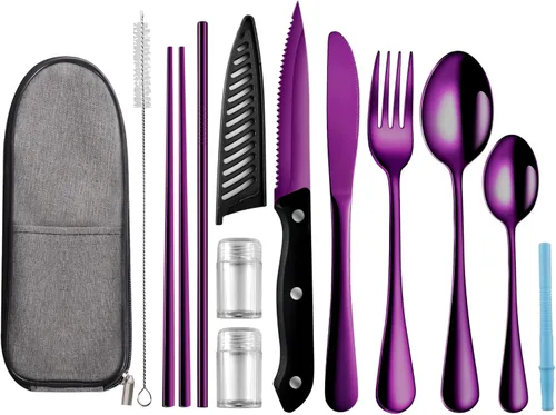 Miniatura 8 de Logcow Utensilios de viaje con estuche, utensilios reutilizables, juego de cubiertos portátiles de viaje para camping, juego de cubiertos de acero