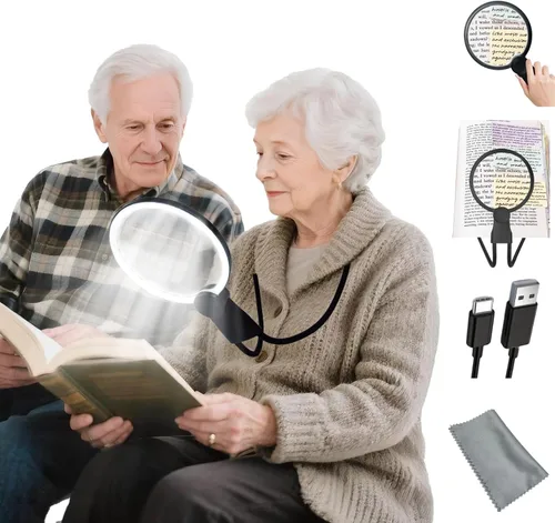 Miniatura 10 de Lupa manos libres 5X con luz, lupa de cuello recargable para lectura, manualidades, punto de cruz, brillo ajustable para personas mayores de baja