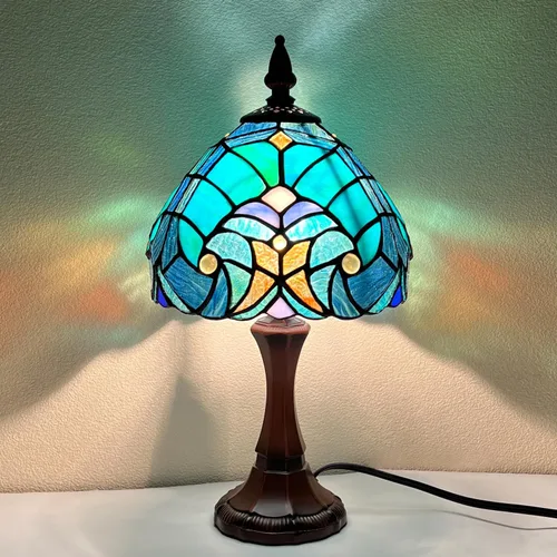 Tiffany Lámpara de mesa verde mar de color verde vitral, luz de mesa de estilo antiguo, lámpara de noche vintage para sala de estar dormitorio