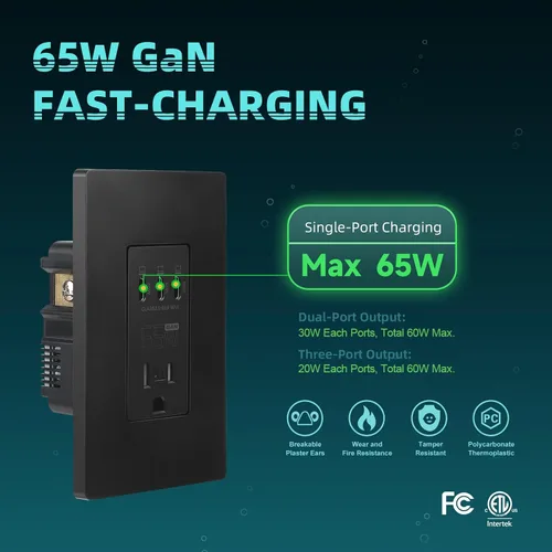 Miniatura 3 de TOPELER Tomacorriente USB de pared negra, tomacorriente USB de carga ultrarrápida GaN de 65W para laptop, receptáculo resistente a manipulaciones