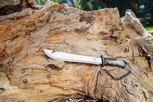 Miniatura 9 de Cat Machete recto con sierra, 19 pulgadas, funda de correa para el hombro, cuchillo de hoja de acero inoxidable con mango ergonómico de herramienta