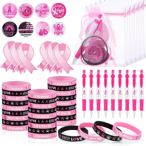 Cholemy El juego de 120 regalos de concientización sobre el cáncer de mama incluye bolígrafos de cinta rosa, insignias de botón, mini bloc de notas,