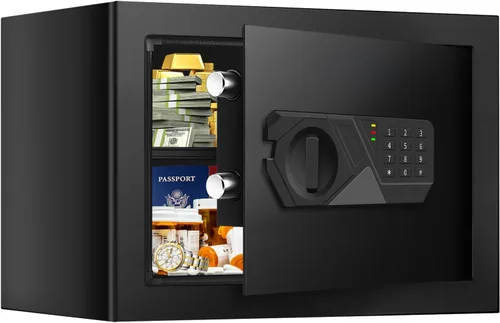 Caja fuerte pequeña para uso doméstico, caja de seguridad digital con cerradura de combinación, estante extraíble y llaves de repuesto, caja fuerte