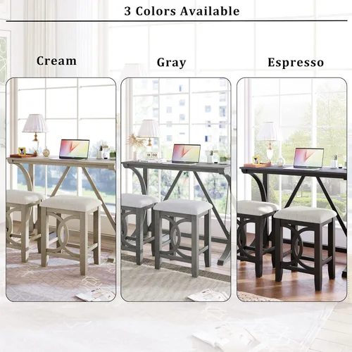 Miniatura 4 de JIVOIT Juego de mesa de comedor de 3 piezas con altura de mostrador, juego de comedor de madera maciza con 2 taburetes tapizados, mesa de comedor