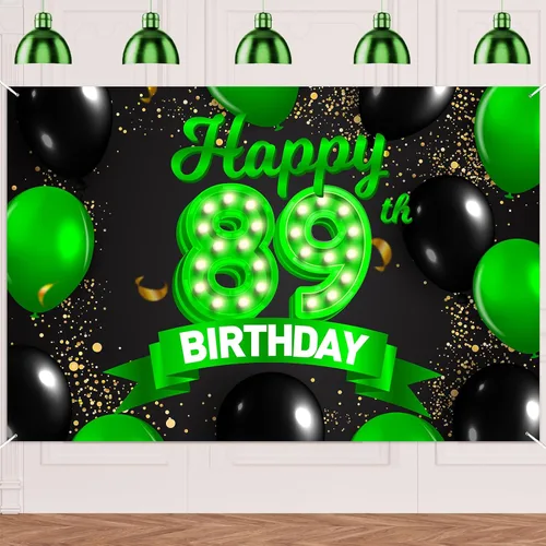 Miniatura 11 de Cartel de feliz cumpleaños 26 verde y negro, telón de fondo con texto en inglés "Cheers to 26 years old confeti", globos de confeti, decoración
