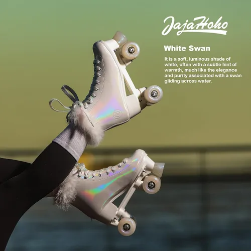Miniatura 6 de JajaHoho Patines de ruedas para mujer, piel sintética blanca holográfica de alta calidad, patines de doble fila con cuatro ruedas brillantes
