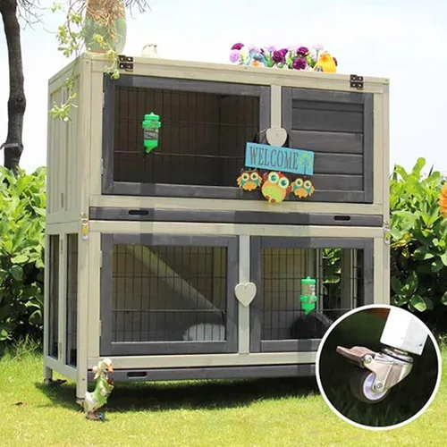 Miniatura 3 de Cat Villa Casa al aire libre para mascotas, jaula de conejo, casa de conejos, villa de doble piso con su propia casa de gato de polea, gris