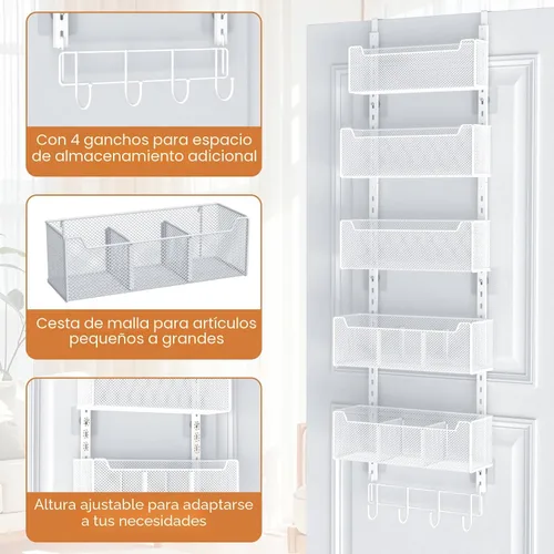 Miniatura 5 de VyGrow Organizador Sobre la Puerta, Organizador de Puerta de Metal Colgante con 5 Cestas Ajustables y Gancho para Abrigos, Almacenamiento Detrás