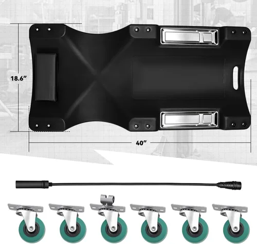 Miniatura 7 de Auto Dynasty Tablilla rodante de 40 pulgadas para reparación mecánica automotriz en el garaje, de perfil bajo, con luz LED y reposacabezas Negro