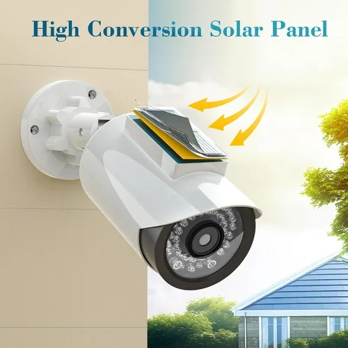 Miniatura 3 de BNT Cámara de seguridad falsa con energía solar, cámara de vigilancia falsa en forma de bala con luz LED roja para noche, calcomanía de advertencia