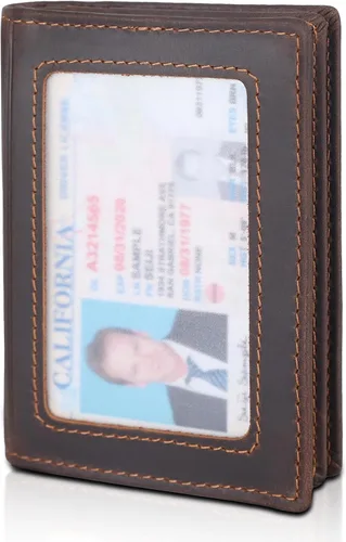 Miniatura 19 de Bolsillo frontal con bloqueo RFID, minimalista, delgado, de cuero, plegable, para tarjeta de crédito, con ventana de identificación