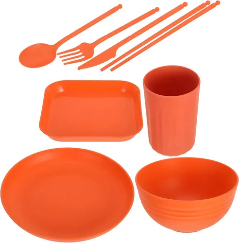Juego de vajilla de paja de trigo para 1 juego de vajilla portátil de fiesta con cuenco, taza, cuchara, palillos, suministros de cocina ligeros
