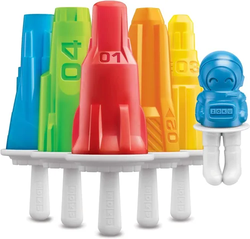 ZOKU - Moldes de paletas espaciales, 6 moldes de paletas en forma de cohete y astronauta en una bandeja con palitos reutilizables, sin BPA