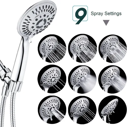 Miniatura 2 de BRIGHT SHOWERS Juego de cabezal de ducha de mano con 9 ajustes de pulverización con válvula de control de flujo de agua, cromo