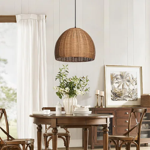Miniatura 3 de Arturesthome 1 Luz Lámpara Colgante Tejida a Mano de Ratán, Candelabro Boho Tejido Natural Colgante en el Techo, Lámpara de Araña de Granja Costera