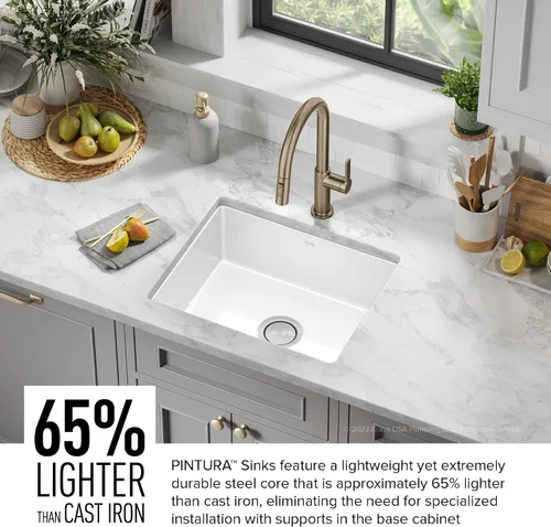 Miniatura 4 de Kraus Pintura Fregadero de cocina de acero con esmalte porcelánico de 21 pulgadas, montura por debajo, cuenco simple, en blanco, KE1US21GWH