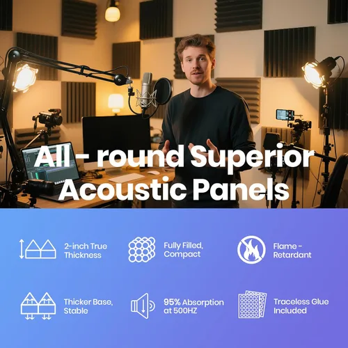 Miniatura 6 de Focusound Paneles acústicos, paquete de 50 unidades de 2 x 12 x 12 pulgadas con 300 adhesivos de doble cara, espuma piramidal a prueba de sonido