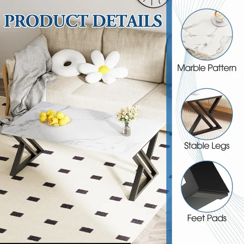 Miniatura 8 de Wolawu Mesa de Café Blanca para Sala de Estar, Mesa Central, Mesa de Té Rectangular Moderna y Simple de Falso Mármol con Estructura de Metal Negro