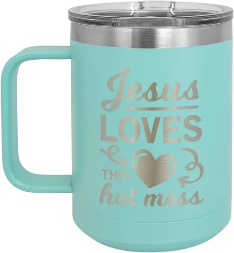 JESUS LOVES THIS HOT MESS - Taza de café verde azulado de 15 onzas con tapa deslizante | Taza de café de viaje aislada | Ideas de regalo únicas de