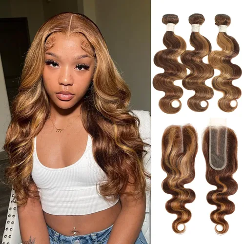 Miniatura 42 de ALHER Long Deep Part 2x6 Closure Body Wave Honey Blonde Highlight, Ombre Brown and Blond 2x6 Kim K Transparent HD Lace Closure Pre Plucked With Baby