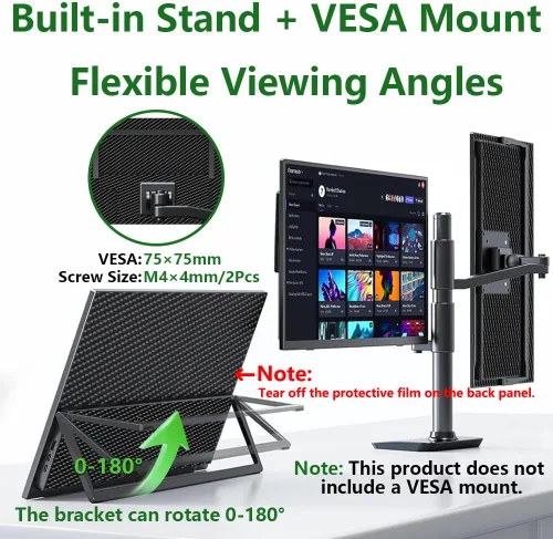 Miniatura 4 de Monitor portátil con pantalla táctil de 14 pulgadas, monitor vertical IPS HDR de 16:10 1920 × 1200, compatible con VESA, segunda pantalla USB-C