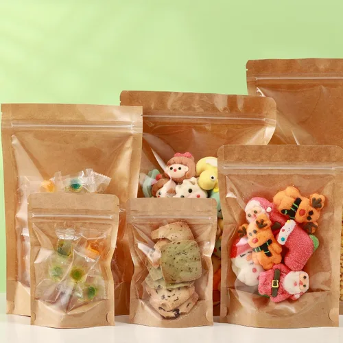 Miniatura 8 de Paquete de 150 bolsas de papel kraft con ventana de 8x12, bolsas de Mylar grandes con cierre y base para almacenamiento de alimentos, bolsa
