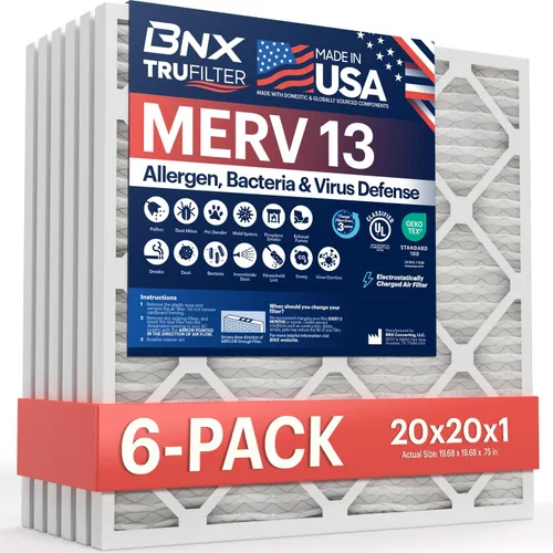 BNX TruFilter 20x20x1 filtro de aire MERV 13 (paquete de 6) - HECHO EN EE. UU. - Filtros electrostáticos plisados para aire acondicionado HVAC AC