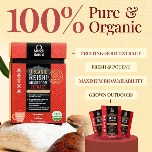 Miniatura 4 de Extracto de hongo Reishi orgánico en polvo para el cuerpo fructífero 35% beta glucano - 100% puro, premium y orgánico - 30 porciones - Ganoderma