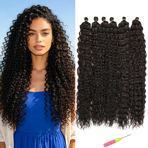 Miniatura 39 de Extensiones de cabello ondulado con ganchillo Ocean Wave de 18 pulgadas, 6 paquetes, extensiones de cabello de ganchillo sueltas de onda profunda #1B