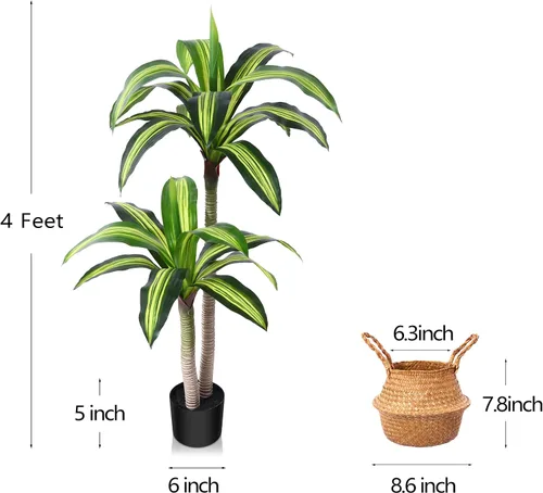 Miniatura 4 de Ferrgoal Plantas artificiales, árbol de Dracaena de 4 pies, plantas de imitación para interiores y exteriores, árbol falso con cesta tejida