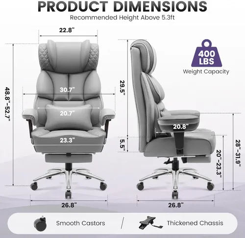 Miniatura 2 de BestGlory Silla de escritorio de oficina, silla de juegos de cuero grande y alta con reposapiés, sillas de computadora reclinables ejecutivas Gris