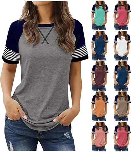 Womens Summer Tops Raglan Short Sleeve Striped T-Shirts Color Block Crewneck Workout Tee Tshirts Loose Fitting Tunics