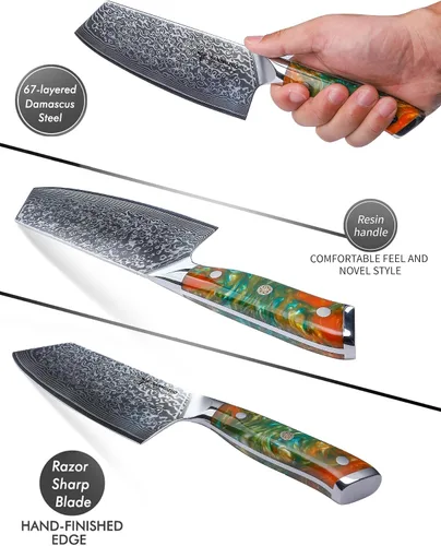 Miniatura 2 de Nakiri - Cuchillo de carnicero de 7.5 pulgadas, serie Xuan, cuchillo de cocina VG10 de acero de damasco, mango de resina (naranja fantasía)