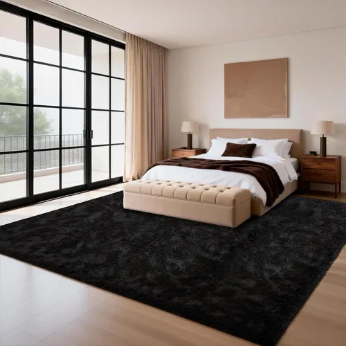 Miniatura 4 de Alfombra negra lanuda para sala de estar o dormitorio, ultra suave y esponjosa, alfombra peluda de 4 x 6 pies, alfombra de noche de felpa