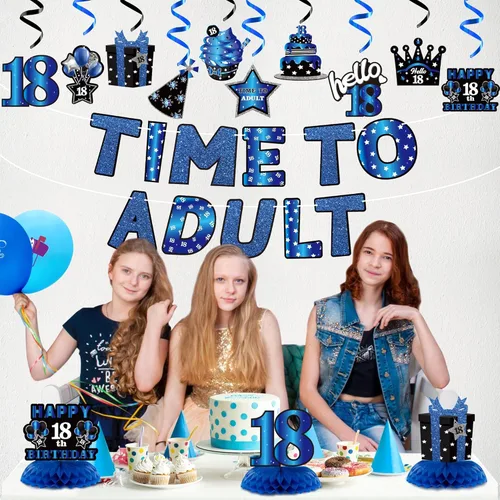 Miniatura 6 de WATINC Decoración de feliz cumpleaños 18 – 26 piezas de decoración de fiesta de cumpleaños de 18 años para niños, niñas y él, cartel azul y negro