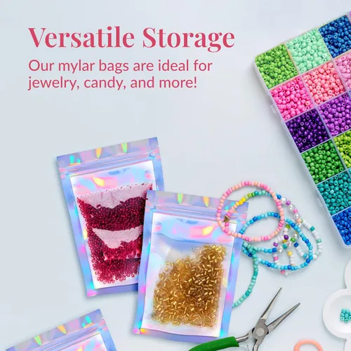 Miniatura 2 de Prestee Paquete de 100 bolsas de Mylar de 4 x 6 pulgadas, bolsas holográficas resellables con ventana, bolsa de Mylar a prueba de olores