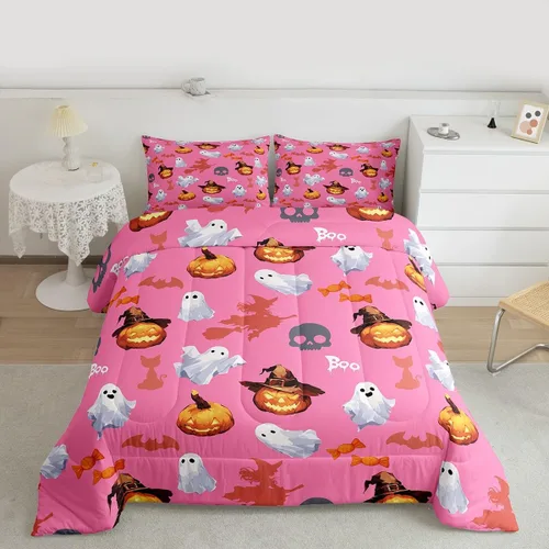 Miniatura 16 de Juego de edredón rosa con temática de Halloween, tamaño individual, edredón de farol de calabaza para adolescentes, juego de ropa de cama de Multi