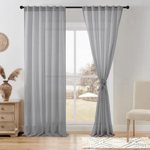 Miniatura 30 de DWCN Cortinas traslúcidas de lino floral, bolsillo para barra y pestaña trasera, cortina de mezcla de lino para dormitorio, sala de estar, cortinas