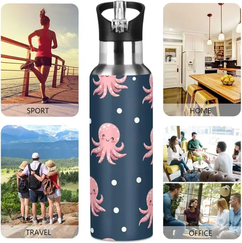 Miniatura 5 de Cute Pink Cartoon Octopuses Insulated Stainless Steel Water Bottle with Straw 20 Oz Leakproof Water Bottles, BPA-Free Sports Water Bottle