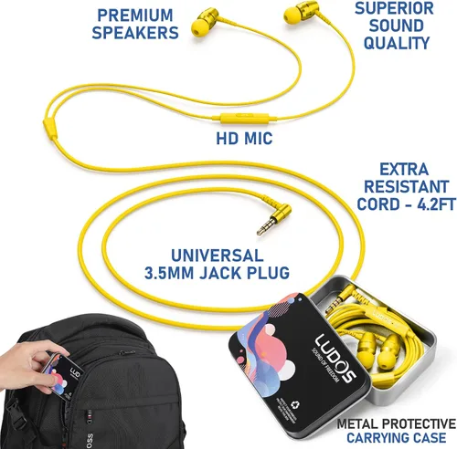 Miniatura 2 de LUDOS OMNITONE Auriculares con cable in-Ear, 5 años de garantía, auriculares con micrófono, conector de 3,5 mm, auriculares con cable, para Amarillo
