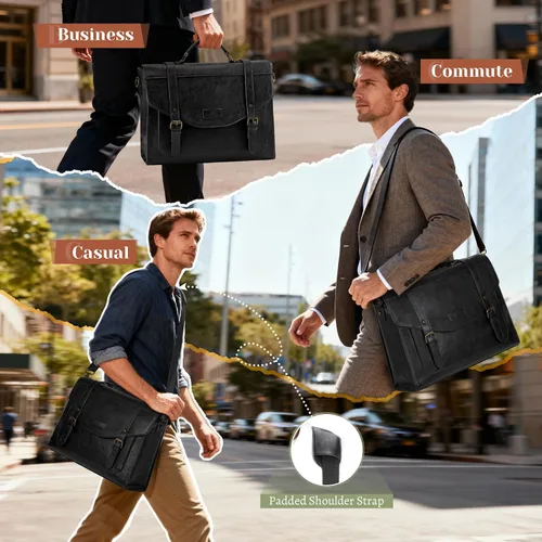 Miniatura 4 de RAINSMORE Bolso bandolera con solapa para hombre, de piel sintética vintage, estilo retro, de 15.6 pulgadas, con cartera, para laptop