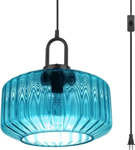 Miniatura 17 de Lámpara colgante de globo de vidrio enchufable, lámpara colgante moderna de mediados de siglo con cable de 14.7 pies, pantalla de vidrio a rayas