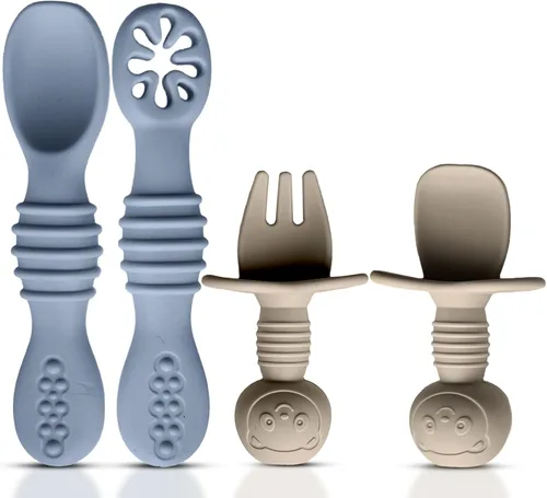 Miniatura 10 de HippoBaby Juego de 4 cucharas de silicona para bebé autoalimentación Utensilios para bebé 6-12 meses - 3 cucharas para bebé - 1 tenedor para bebé