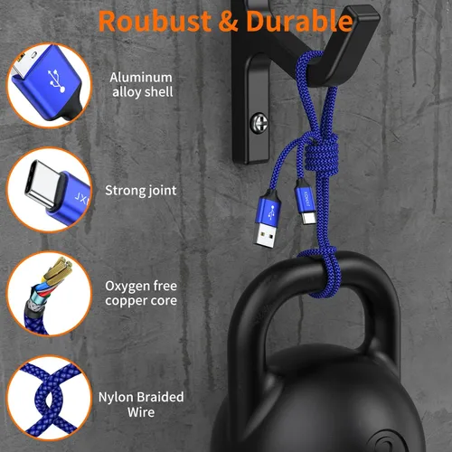 Miniatura 4 de JXMOX Cable USB tipo C (paquete de 2 unidades de 6.6 pies), USB-A a USB C 3A, cable de carga rápida compatible con iPhone 15 16 Pro Max, Samsung Azul