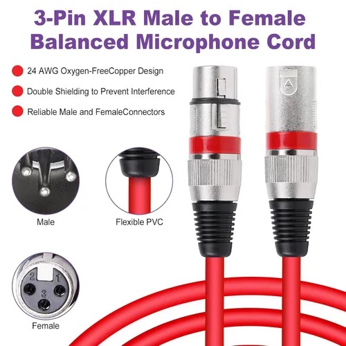 Miniatura 6 de Cable XLR de 10 colores, multicolor XLR macho a hembra, cables de audio de 6 pies, paquete de 10 cables de micrófono XLR equilibrados de 3 pines