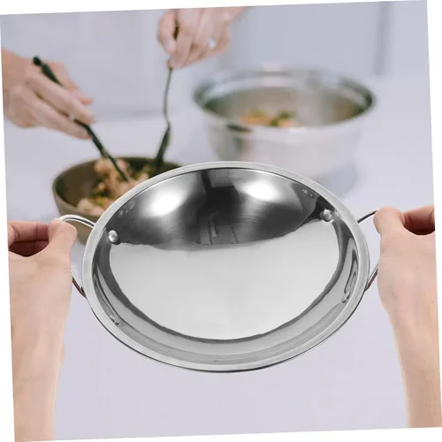 Miniatura 7 de Wok de fondo redondo de acero inoxidable con parte inferior plana para freír sartén de doble mango fácil de limpiar utensilios de cocina