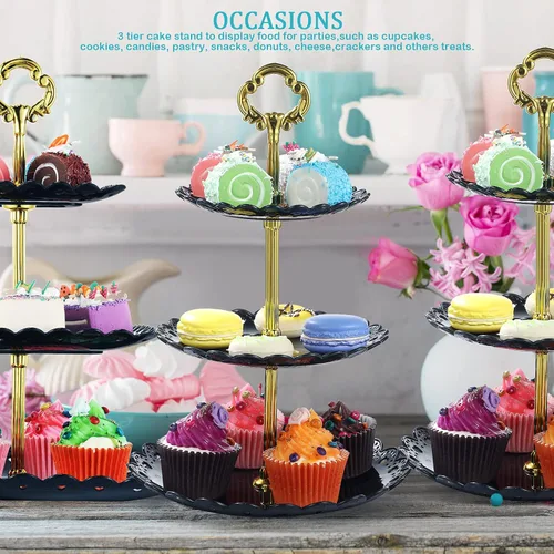 Miniatura 6 de Honeydak 3 juegos de bandejas de 3 niveles para servir postres de 3 niveles, soporte de postre de boda, soporte de plástico de polipropileno