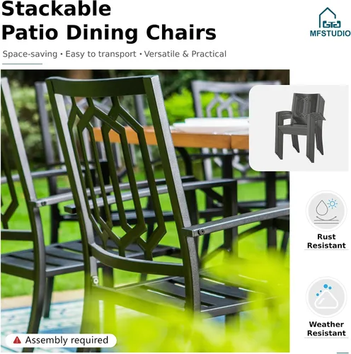 Miniatura 3 de MFSTUDIO Juego de 2 sillas de comedor al aire libre, sillas de metal para terraza, bistró, porche, césped, sillas apilables de hierro forjado negro