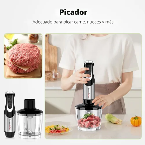 Miniatura 7 de Bonsenkitchen Batidora de inmersión 4 en 1 de mano con procesador de alimentos, batidora de mano de 12 velocidades con modo turbo, hoja de acero